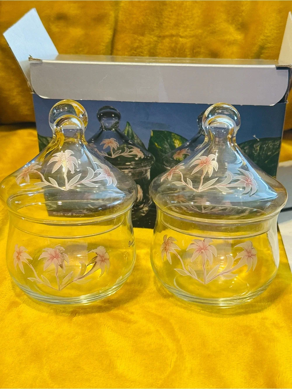 VTG Pasabahcee Turkey Set of 2 Glass Candy Dish Jar Lotus Flower Lid NIB Vanity
